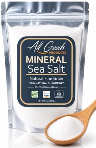 All Goods Products Mineral Sea Salt โ Fine Grain, 8 oz, 100% Natural, Hand-Harvested, Loaded with 90+ Essential Minerals, 30% Less Sodium, Kosher, Unrefined.