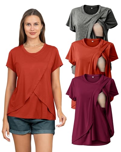 Image of Rnxrbb 3 Pack Women's Nursing Tops for Breastfeeding Summer Short Sleeve T Shirts Postpartum Double Layer Clothes