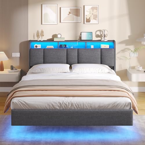 AOGLLATI Lit Double 160×200 avec Multiprise & Éclairage LED,Tête de