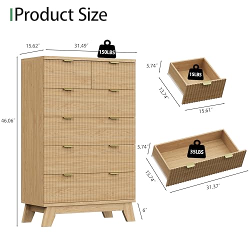 Image of Fluted Dresser for Bedroom with 6 Drawers, 46 inch Tall Modern Chest of Drawers with Metal Handle, Wooden Dresser TV Stand, Wood Closet Clothes Storage Organizer for Living Room, Hallway, Natural Oak