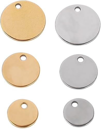 Miniatura 4 de 100 etiquetas planas de acero inoxidable para estampado en blanco, pequeñas etiquetas redondas de metal, dijes colgantes en blanco con agujero para