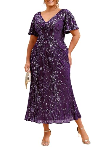 Image of Ever-Pretty Plus Women's Sequin V Neck Plus Size Prom Dress Mermaid Formal Cocktail Evening Dresses for Curvy Women