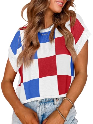 Image of Saodimallsu Womens Cap Sleeve Crop Tops Summer Color Block Going Out Crew Neck Knit Trendy Casual Sweater
