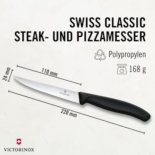 Foto von Victorinox Swiss Classic Profi Steak- und Pizzamesser-Set, 6-teilig, Tafelmesser, Wellenschliff, Scharfe Klingen, 11 cm, Robuste Kunststoffgriffe, Schwarz