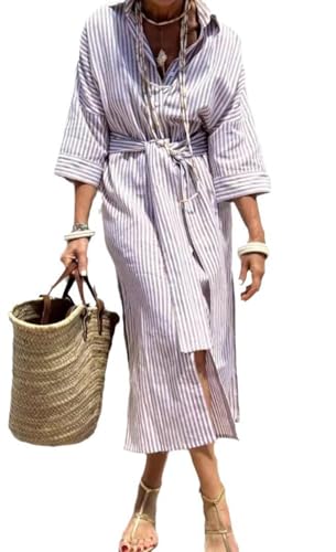 Image of chouyatou Women's Summer 3 /4 Sleeve Striped Shirt Dress Belted Maxi Long Casual Button Down Beach Dress
