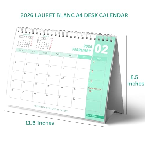 Image of LAURET BLANC Standing 2026 Desk Calendar- A4 Size (8.5 inch X 11.5 inch), Monthly Grid View, Home and Office Table Calendar (A4, F)