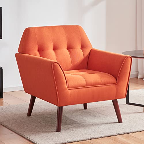 Kingfun Linen Fabric Accent Chairs Set Of 2 For Bedroom, Midcentury Modern Accent Arm Chairs For Living Room, Comfortable Reading Chair, Tufted Sofa Chair, Upholstered Single Sofa, Light Orange #TOP1