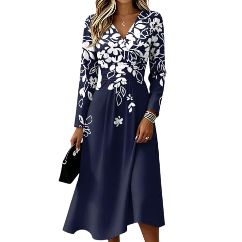 Image of Dresses for Women UK Floral Printed Long Dresses Elegant V Neck Long Sleeve Dress High Waist Swing A-Line Dress Tunic Party, Cocktail, Evening, Prom, Dress Sundress (Königsblau,XL)