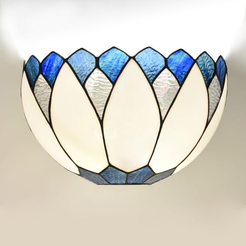 Image of WL0006 Blue White Lotus Tiffany Style Wall Sconce Stained Glass Wall Light Fixtures for Hallway Stairway Bedroom Livingroom, 12 Inches Wide(Blue White)