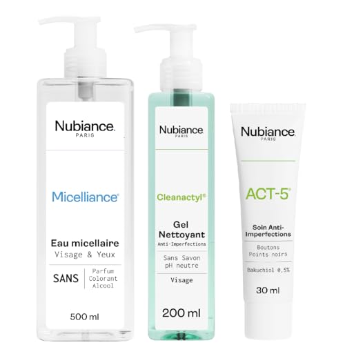 NUBIANCE - Routine anti-imperfezioni ACT-5: trattamento anti-acne + Micelliance Acqua Micellare & Cleanactyl Gel Detergente - Per pelli secche o grasse