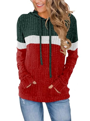 MixShe Women’s Color Block Knit Hoodie – Casual Long Sleeve Pullover Sweater Tops with Pocket