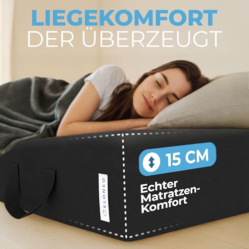 ELONEO Klappmatratze, Gästematratze, 3-teilige Faltmatratze, Schaumstoff extra dick (15cm), waschbar, Bandscheibenwürfel, klappbar, Faltbare Matratze, Erwachsene (Schwarz, 75 x 195 x 15 cm)