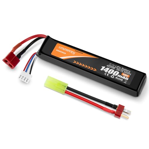 Crazepony Airsoft Battery 11.1V 1400mAh 30C Rechargeable LiPo Hobby Battery with T Plug to Mini Tamiya Cable for Airsoft Model