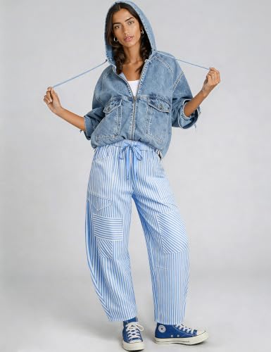 Image of TARSE Womens Striped Linen Barrel Pants with Pockets Y2k Patchwork