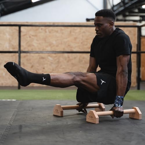 Image of CALI SPORTS Calisthenics Wood Parallettes Bars | Push Up Bar That Will Not Slip or Wobble | Wrist Wraps Included (Long)
