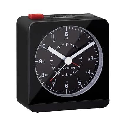 MARATHON Analog Desk Alarm Clock with Auto Night Light, Black/Black Silent Smooth Sweep Alarm &