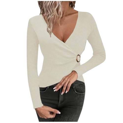 Sexy Wrap Deep V Neck Knit Sweaters for Women Trendy Casual 2025 Fall Slim Fitted Long Sleeve Ruched Going Out Tops