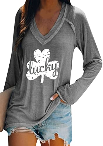 Image of BOFETA Women St Patricks Day Sweatshirts Loose Long Sleeve Shirts Green Shamrock Print Blouse Flowy Color Block Pullover Tops