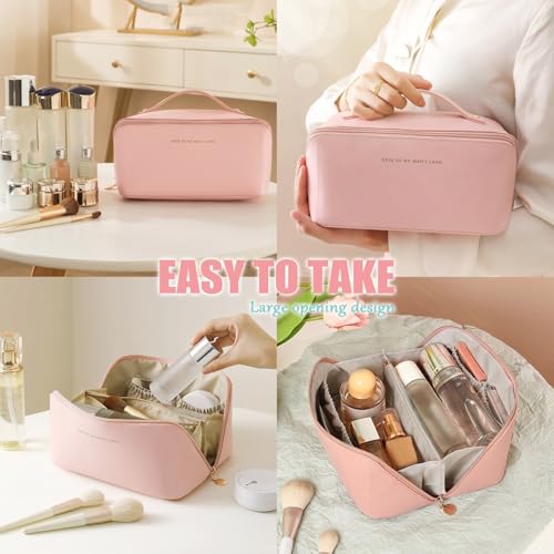 JSTHHTT-Makeup-Bag-Large-Capacity-Travel-Cosmetic-Bag-Portable-Makeup-Organiser-Toiletry-Bag-Travel-Essentials-Wash-Bag-with-Handle-and-Compartments-for-Women-Girls-Pink