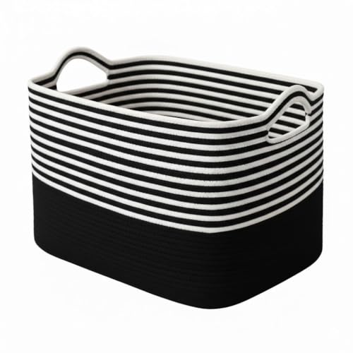 Image of Large Storage Basket, Woven Blanket Basket, Toy Basket with Handle, Laundry Hamper for Living Room, Nursery, Bedroom- 20x15x12 (LXWXH) (black mix)