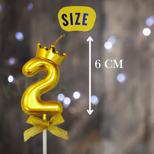Image of KITTER 1 Pc 2 Number Metallic Gold Candle for Birthday Cake, 2 Number Candle with Crown on Top for 2nd Birthday Anniversary Cake Topper Cake Decoration (Pack of 1 piece)