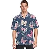 visesunny Mens Casual Button Down Short Sleeve Hawaiian Shirt Suits Vintage Butterfly and Rose Pattern Aloha Shirt