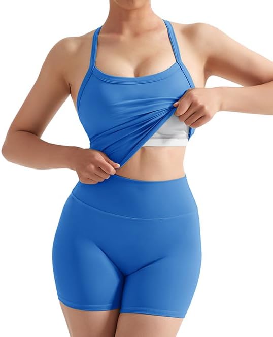 SUUKSESS Women 2 Piece Workout Sets High Waisted Tummy Control Biker Shorts Halter Padded Tank Tops - Image 4