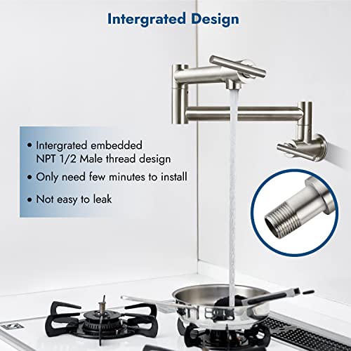 Cinwiny Brushed Nickel Pot Filler Wall Mount Kitchen Restaurant Sink Faucet Stainless Steel Stretchable Commercial Faucet With Folding Double Joint Swing Arm Single Hole Two Handles #TOP1
