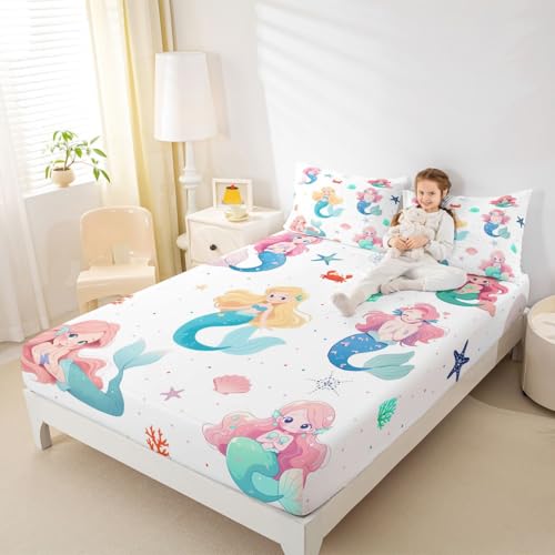 Image of jejeloiu Mermaid Bed Sheets Set Full Size Mermaid Tail Deep Pocket Fitted Sheet Sea Animal Bedding Sets Ocean Theme Soft Bed Set 4Pcs with 2 Pillow Cases