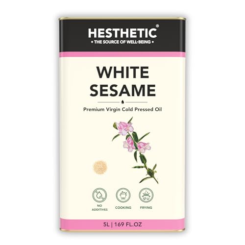 HESTHETIC Cold Pressed White Sesame (Gingelly) Oil 5L | Pure Til Ka Tel/Nallennai | Unrefined Cooking Oil for Tempering, Chettinad Curries & South-Indian Cuisine | Glass Bottle