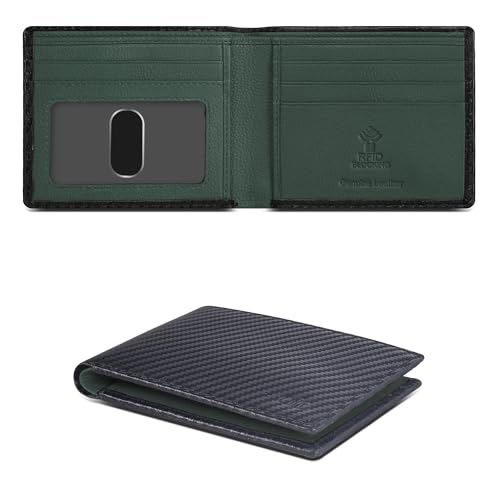 Image of Oak Leathers Slim Leather Wallet for Men - RFID Blocking Slim Minimalist Front Pocket - Thin & Stylish with ID Window, Gift For Men(Black Carbon /Green)