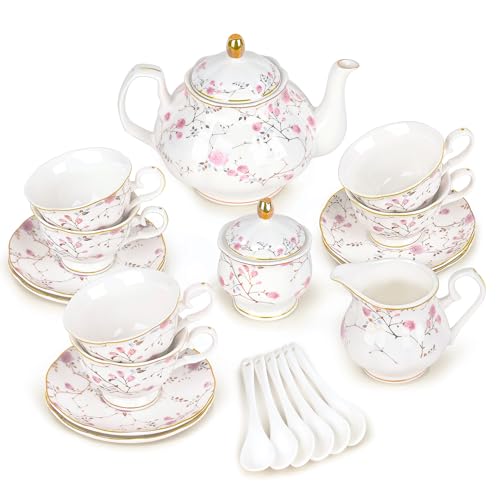 fanquare Rosa Blumen und Reben Teeservice am Nachmittag, 21 Stück Britisches Porzellan Teekannen-Set, Vintage Hochzeit Party Kaffee Set, Erwachsene Teeservice für 6 Personen