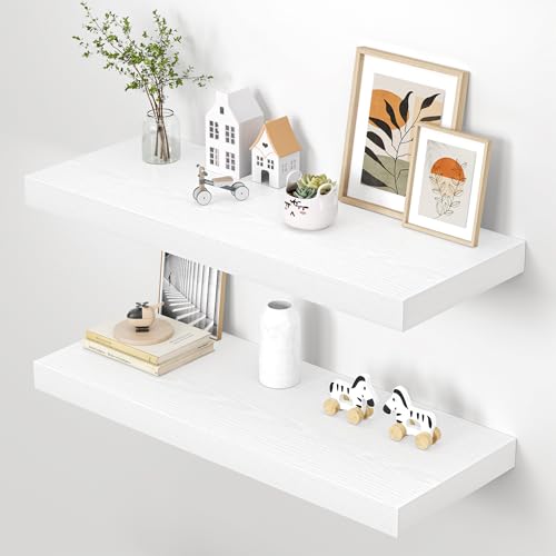 Image of Dreamland 36 inch Floating Shelves for Wall, 12 inch Deep Thicker White Floating Shelves, Wall-Mounted Shelves for Bedroom, Living Room, Kitchen, Bathroom - Set of 2