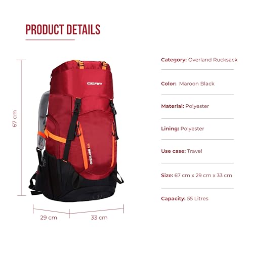 Image of Gear Overland 55L Extra Large Water Resistant Rucksack /Travel bag /For Men & Women(Maroon - Black)