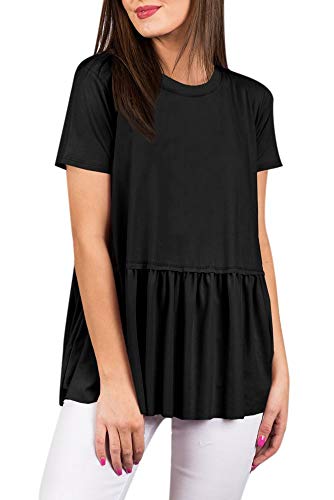 For G and PL Women's Summer Pleated Flare Casual T Shirt Short Sleeve Cute Peplum Hem Loose Cotton Tunic Top Black 2XL