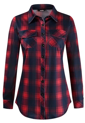 KOMANA Women's Roll Up Stretchy Knit Plaid Shirts Button Down Long Sleeve Blouses for Women Tops2