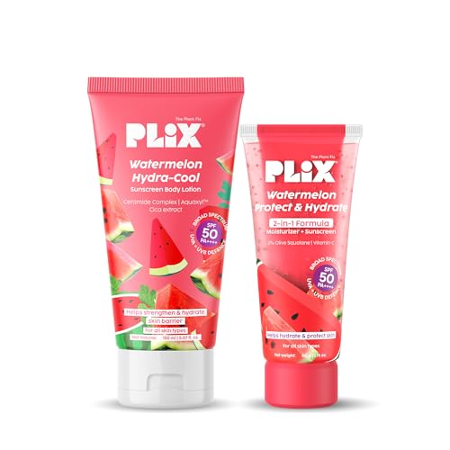 Image of PLIX- THE PLANT FIX Watermelon Hydra-Cool Body Lotion + Dual Sunscreen Combo | SPF 50 PA++++ | Ceramides + Squalane + Vitamin C | Broad Spectrum UVA, UVB Protection | Lightweight Hydration | For All Skin Types