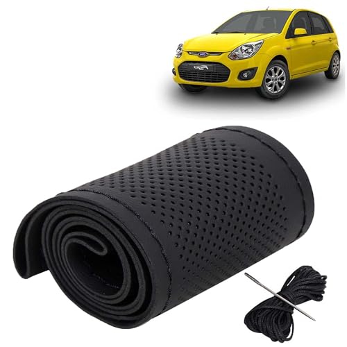 Image of KINGSWAY PU Leatherite Car Steering Cover Sewable Compatible with Ford Figo (Year 2008-2014), Black Color with Black Thread, Pack of 1 with Sewing Needle and Thread