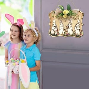 Happy Easter Wooden Hanging Sign Cute Bunny Playing Instruments Welcome Sign Door Decoration Rustic Easter Sign with Yellow Flowers Ribbons for Easter Spring Holiday Home Coffee Shop Store