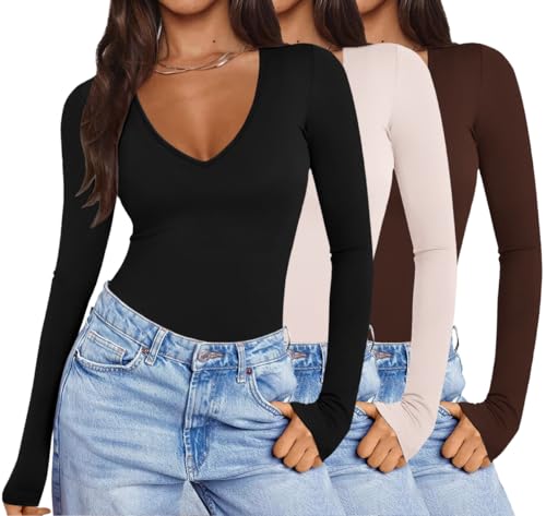 Ekouaer Deep V Neck Shirts for Women Low Cut Long Sleeve Tops Slim Fit Basic Cleavage Tees Deep Plunge Thermal Tshirts Black + Brown + Beige XS