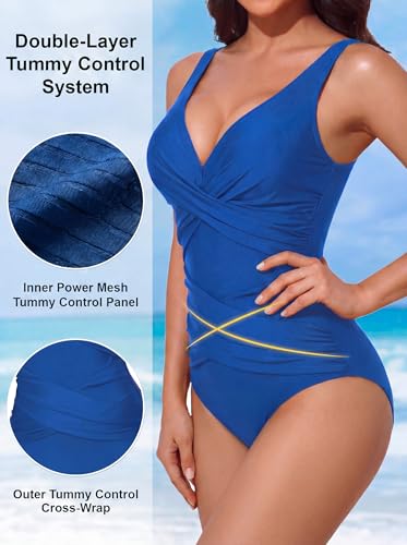 Image of Smismivo Tummy Control Swimsuits for Women Slimming One Piece Bathing Suit Retro Ruched Push Up Vintage Padded Swimwear