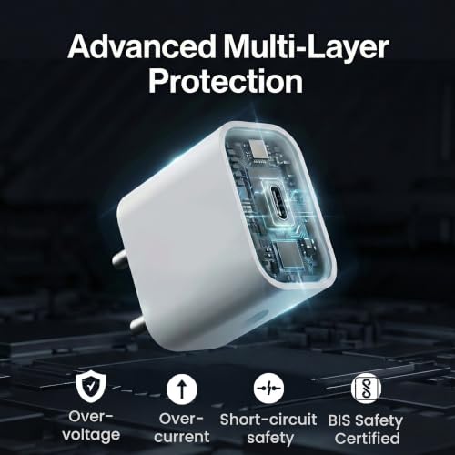 Image of 20W PD Fast Charger Adapter for iPhone 14 /13 /12 /11 Series | Type C Wall Adapter + Type C to Lightning Nylon Cable | BIS Certified|1 Year Warranty| White