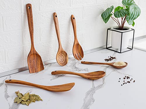 Zulay Kitchen Utensilios de madera de primera calidad para cocinar, juego de 6 piezas antiadherentes, suaves y cómodos, utensilios de cocina de madera de teca con acabado liso para cocinar