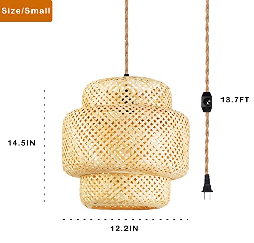 Plug In Pendant Light Rattan Hanging Lights With Plug In Cord Bamboo Hanging Lamp Dimmable,Handmade Woven Boho Wicker Basket Lamp Shade,Plug In Ceiling Light Fixture For Living Room Bedroom Kitchen #TOP4