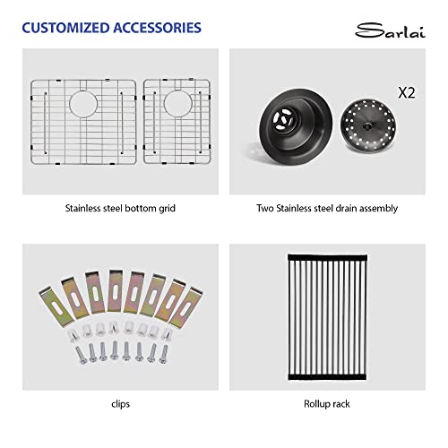 Sarlai 33 Black Kitchen Sink - 33 inch Undermount Kitchen Sink Double Bowl Gunmetal Black 16 Gauge Stainless Steel Double Sinks 60/40 Undermount Basin by Sarlai - Used condition - Image 8