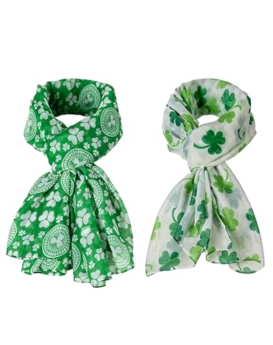 redgino 2 Pcs Women's St. Patrick's Day Scarf Long Green Shamrock Lightweight Irish Clover Silky Scarfs Wrap Shawls Outfits Costume Accessories