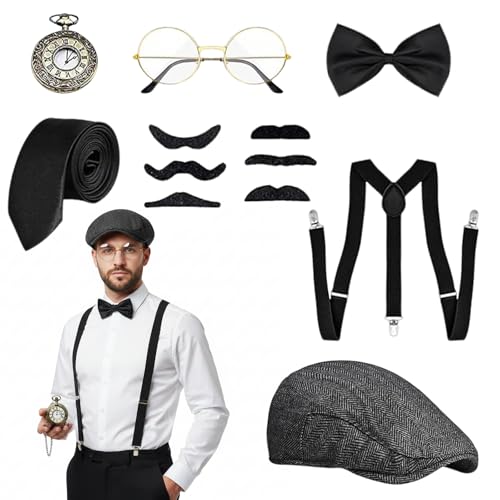 Disfraz de los años 20, accesorios para hombre, accesorios de mafia Peaky Blinders Gatsby Gangster con sombrero de Panamá, tirantes, relojes de bolsillo, gafas, pajarita, corbata, barba, accesorios