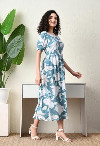 Image of Ichaa Women's Aqua Rayon Printed Maternity Dress with Feeding Zips and Pocket, in Plus Sizes