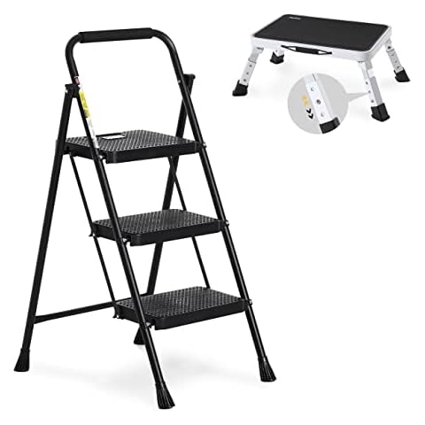 Double Elite Folding RV Step Stool & 3-Step Ladder for Adults Bundle, includ. 3 Levels Adjustable Small Step Stool, and 500 Lbs Steel Step Ladder 3 Step Folding with Handgrip Cover