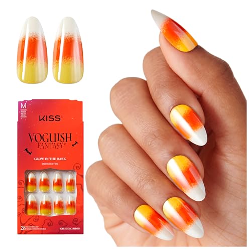 KISS Voguish Fantasy Halloween Press On Nails Almond, ‘Sweet Creature’, Orange and Yellow, Medium Length, Glow In The Dark, Glossy Glazed Effect, Pink Gel Nail Glue (2g), 28 Fake Nails
